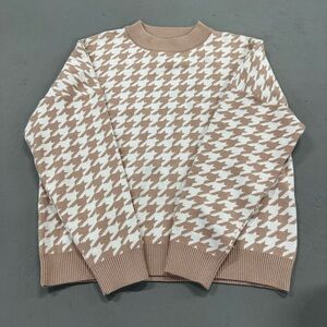 Tan and White Houndstooth Crewneck Sweater